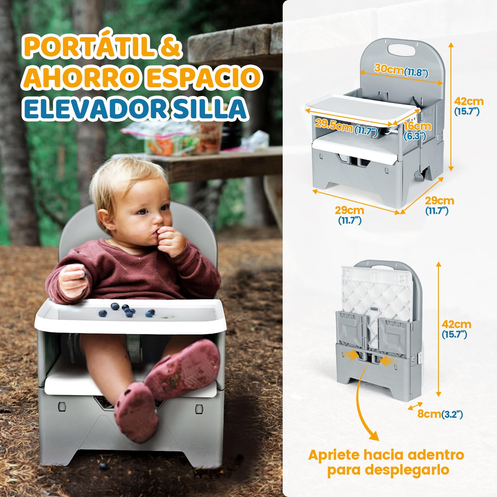 Orzbow Plegable Elevador Silla para Niños Comer,Estable Trona de Viaje Portatil con Bandeja de Comedor,Material ABS y Estructura Robusta,Fácil de Usar,para Bebés de Hasta 36 Meses y 15 kg,Gris