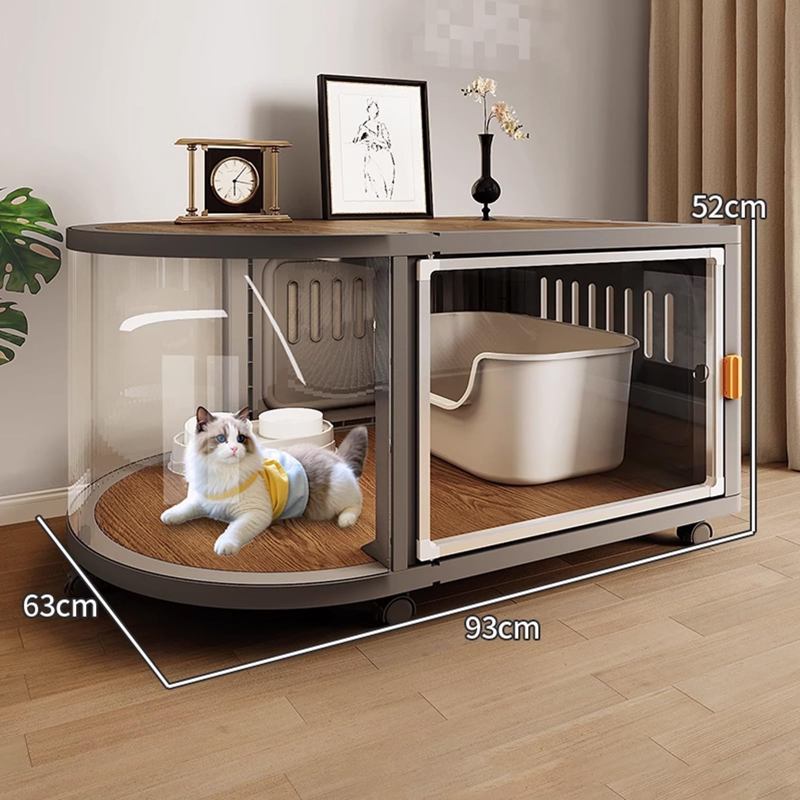 Gabbia Trasparente per Gatti con Lettiera Recinto da Interno Panoramico, Casa Spaziosa per 1–2 Gatti, Facile da Montare e Pulire, Design Espandibile(Black,93 x 63 x 52 cm)