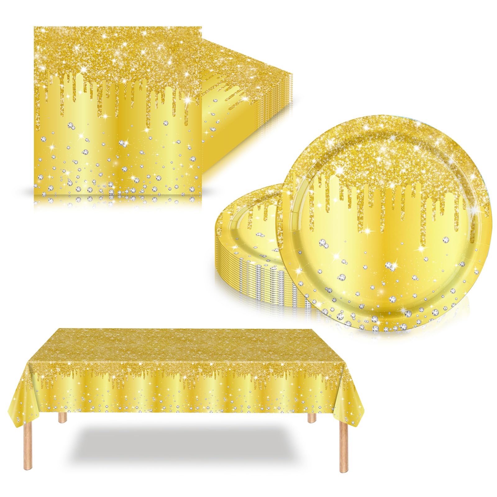 41Pcs Gold Diamond Party Tableware Set for Her Women Girls,Glitter Disposable Dinnerware with 20 Gold Paper Plates,20 Napkins,Plastic Table Cloth for Birthday,Wedding,Baby Shower Party Decoration