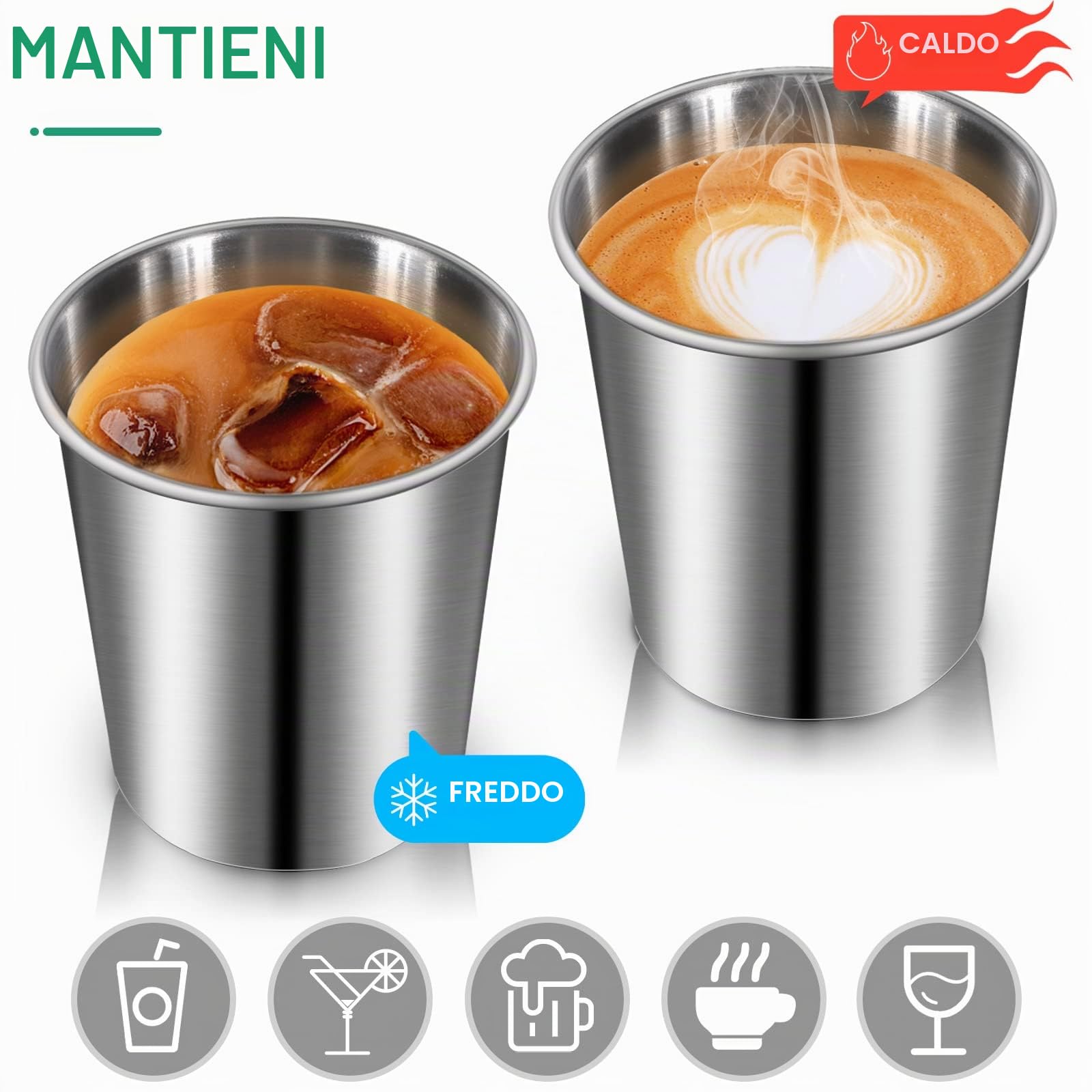 Tazze In Metallo Riutilizzabile, 8 Pezzi Tazza Acciaio Inox, 260 ml Bicchieri, Impilabile Tazza Acciaio Inox Campeggio, Adatto per Famiglia, Picnic, Viaggi, Barbecue, Escursioni