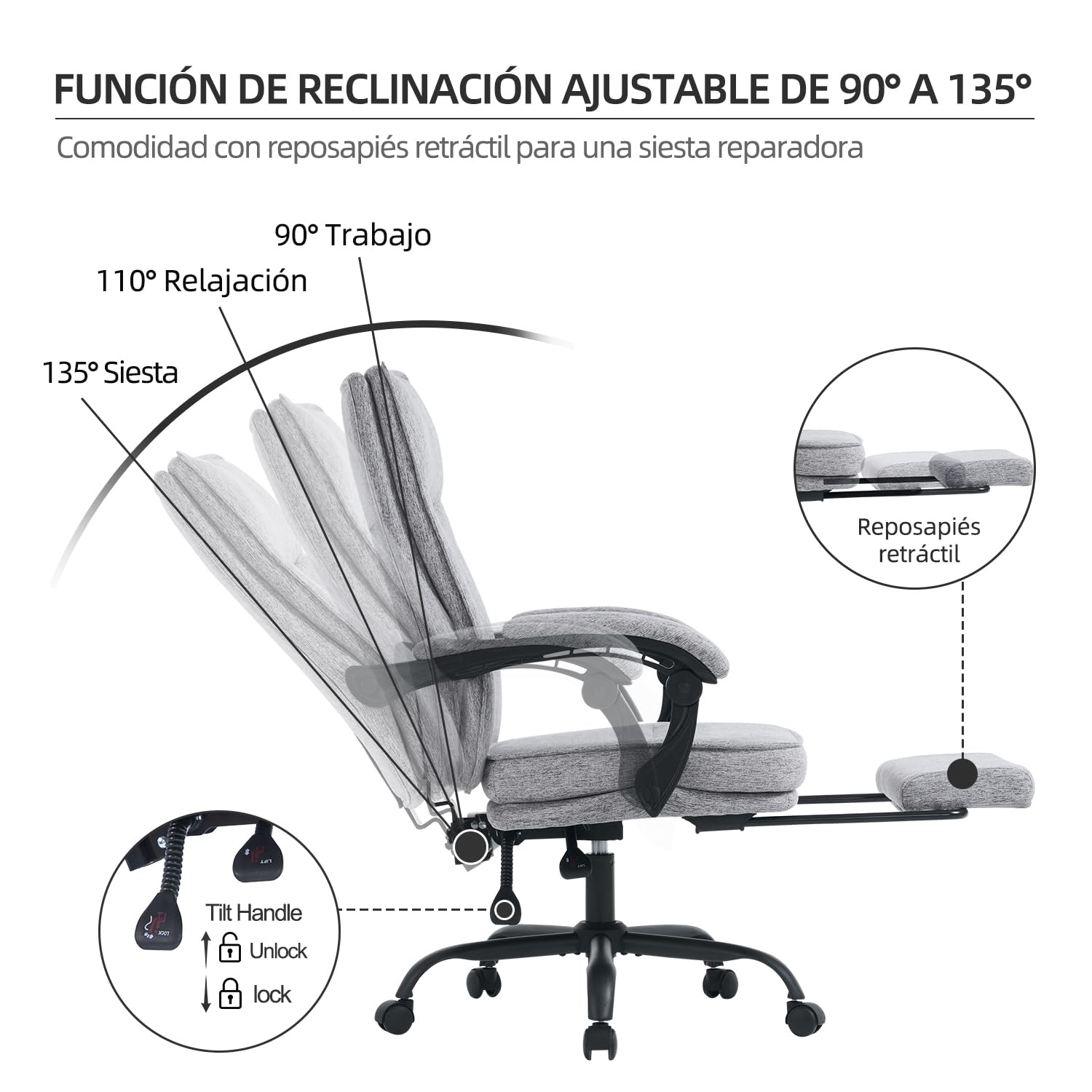 MZLEE Silla Escritorio con Reposapiés, Silla Oficina Reclinable, Gris