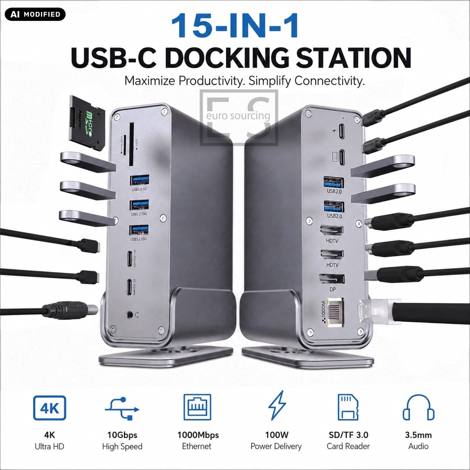 15-in-1 USB C Docking Station Dual Monitor, 4K HDMI DisplayPort, 100W PD, 10Gbps USB C Hub, Gigabit Ethernet, SD TF, Compatibile con MACBOOK Pro Air, Dell XPS, ThinkPad