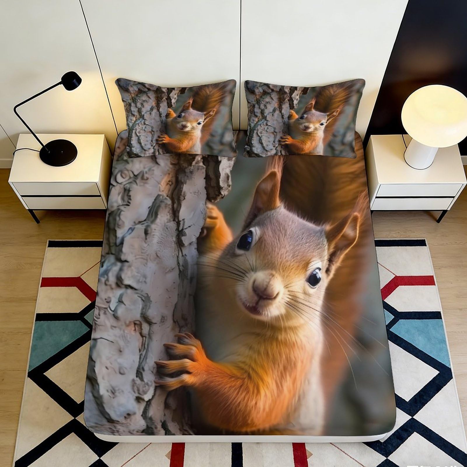 3D Printed Squirrel Forest Fitted Sheet Microfiber Non-Slip Tree Bark Mattress Cover Machine Washable Bedroom Decor 90x200x25cm