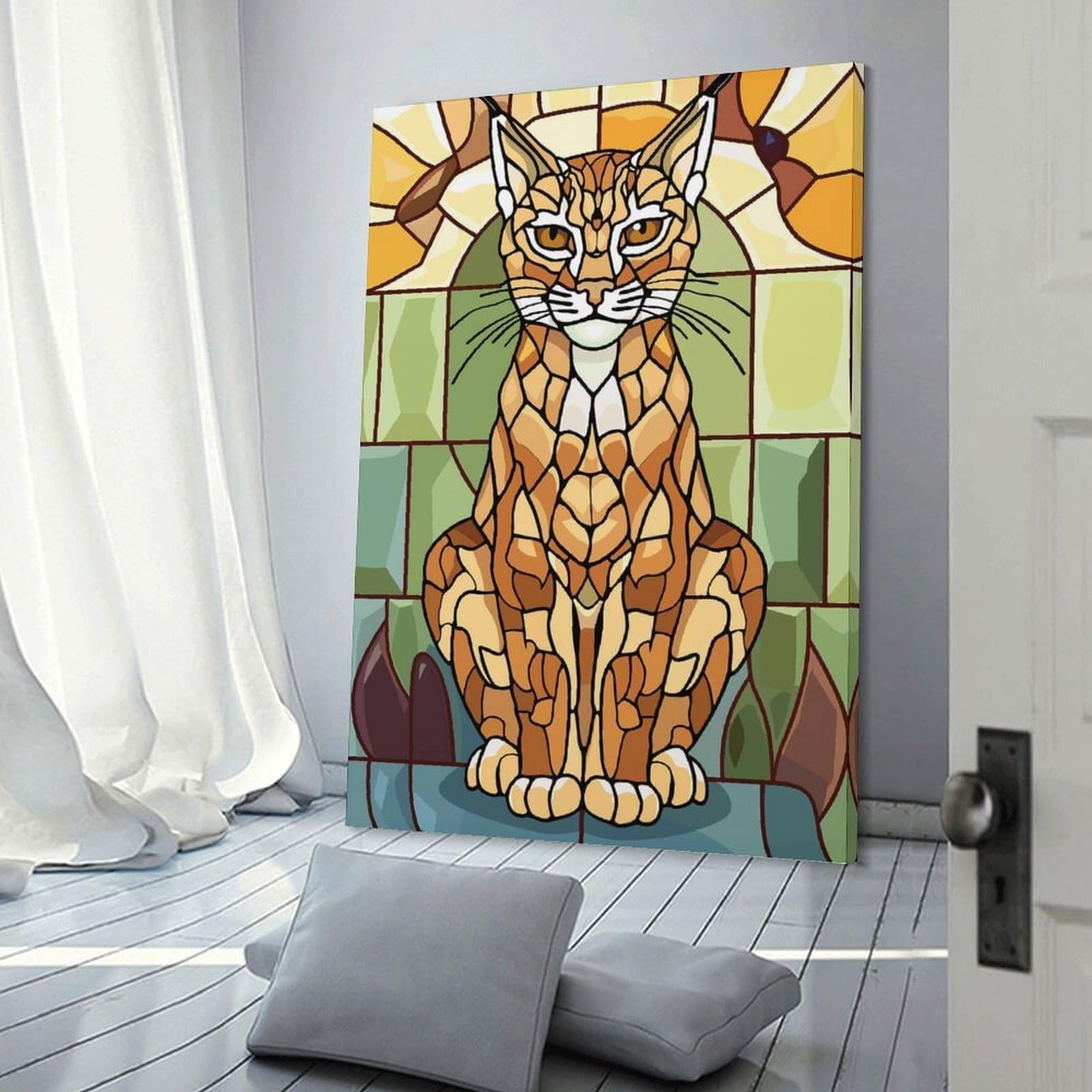 Junmoney Stained Glass Lynx Room Decor Wall Art, 24x36inch(60x90cm), for Entrance Spaces, Stair Walls Or Halls, A Stylish Accent for Home Entrances