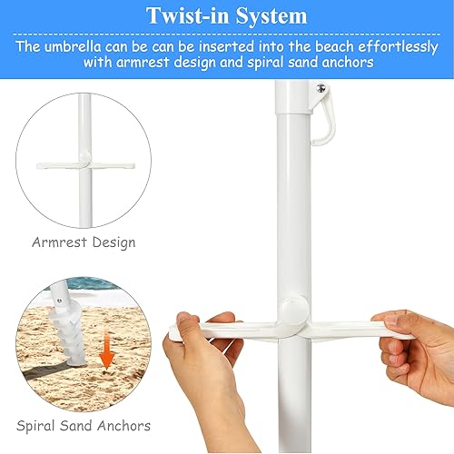 Miniatura 7 de Tangkula Sombrilla de playa portátil de 7.2 pies, sombrilla portátil para exteriores con anclaje de arena, inclinación ajustable, poste de acero,