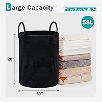 Vista 2 de Cesta de Cuerda de Algodón para Ropa Sucia de YOUDENOVA, 58L - Cesta de Lavandería Tejida Plegable - Cesta de Almacenamiento de Ropa para Mantas
