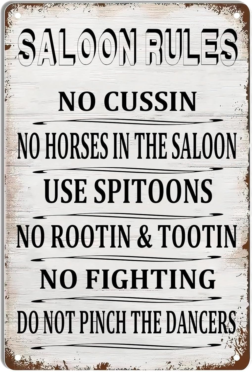 Saloon Rules Art Poster Vintage Metal Tin Sign, No Cussin No Horses In The Saloon Retro Tin Plaque for Home Kitchen Bar Pub Cafe Farm Garage Gifts 8x12 Inch