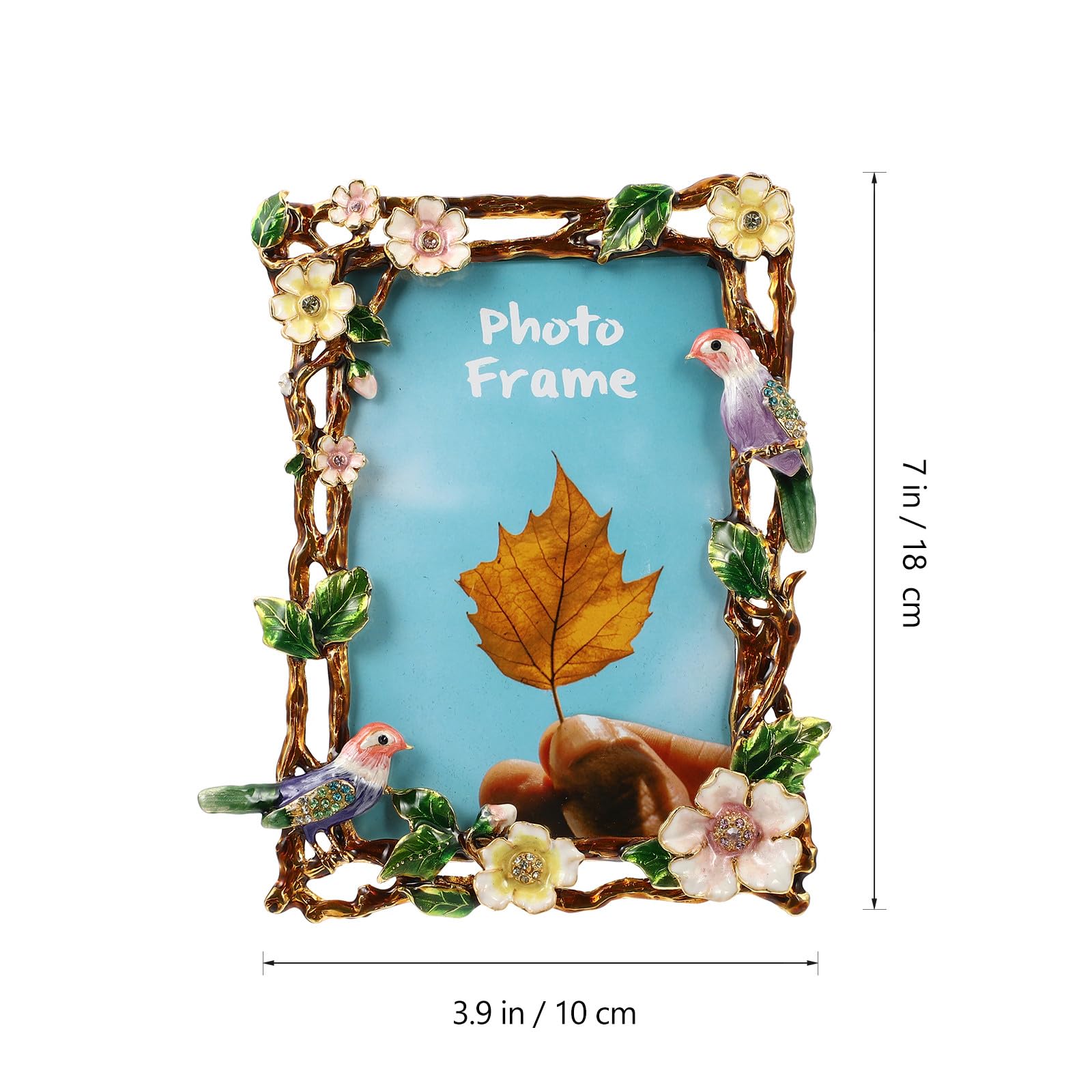 VOSAREA Fotorahmen Robust und Sicher mit Europäischem Stil aus Zinklegierung Vintage und Emaillierter Blumen und Vogeldekoration für Tisch und Thekenpräsentation
