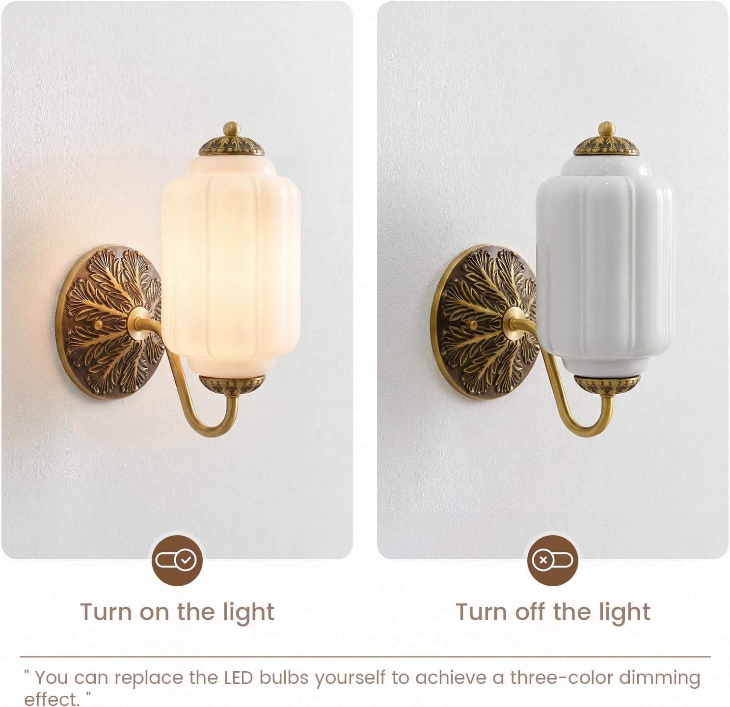 Vintage Milk White Glass Wall Sconce - Milk Glass Shade Antique Brass Indoor Wall Light for Bedroom, Living Room, and Hallway