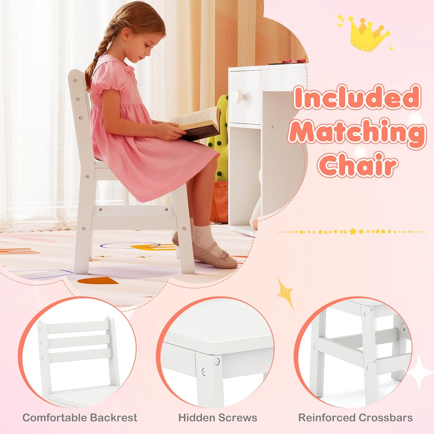 Image detailing the features of the matching chair: comfortable backrest, hidden screws, and reinforced crossbars.