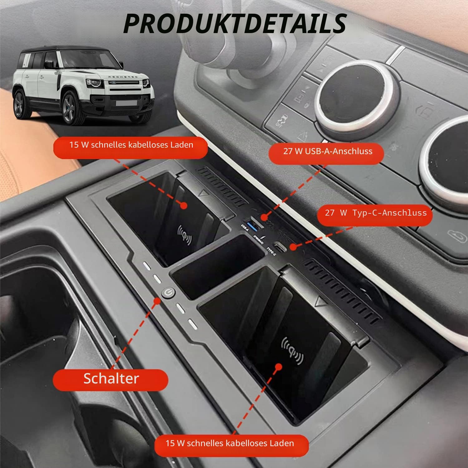 Duales Kabelloses Ladegerät für Land Rover Defender 90 110 130 2020-2024 | 15W Schnellladendes Handy-Ladegerät mit 27W USB & Type-C für Land Rover Defender 90 110 130 X/X-DYNAMIC/V8/CARPATHIAN Zubehör