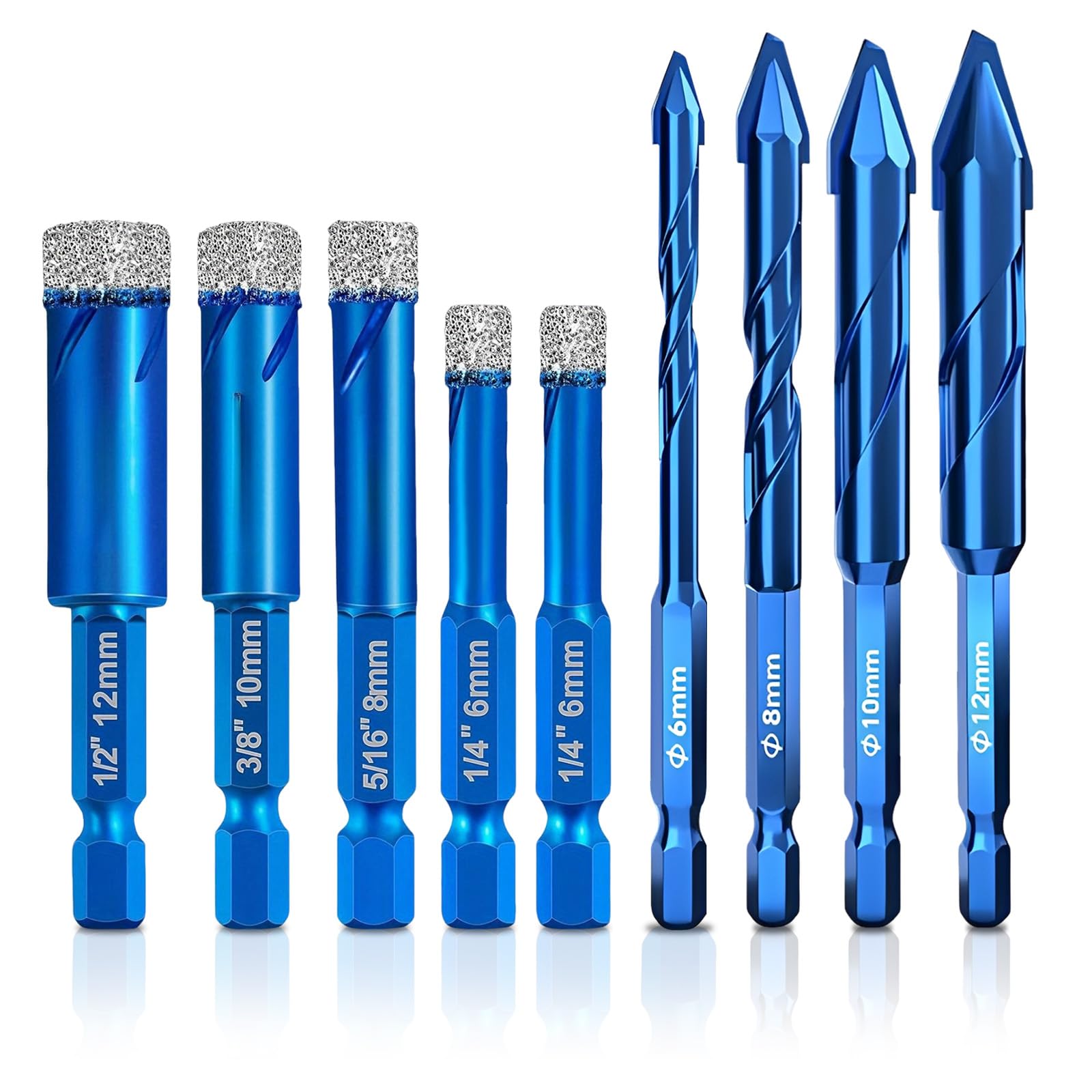 9Pcs Diamond Drill Bit Set, 5 Pcs Porcelain Tile Drill Bit 6/6/8/10/12mm and 4 Pcs Masonry Drills Bits 6/8/10/12mm, Hex Shank Diamond Dry Drills Bits Set, Suitable for Granite Marble Stone and Ceramic
