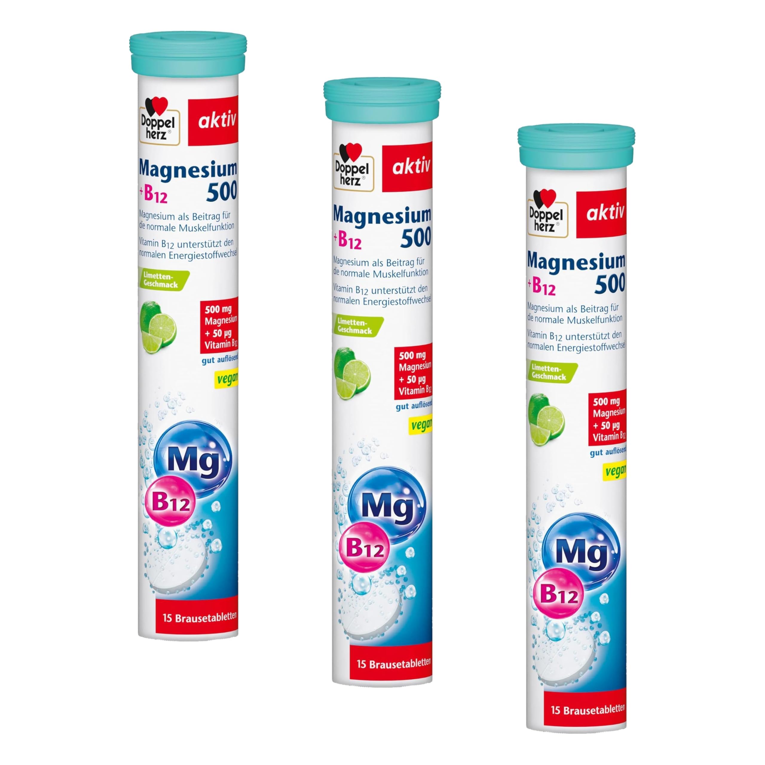 Doppelherz Magnesium 500 + B12 - mit Magnesium & Vitamin B12 zur Unterstützung der normalen Muskelfunktion - vegan - 15 Brausetabletten mit Limetten-Geschmack (Packung mit 3)