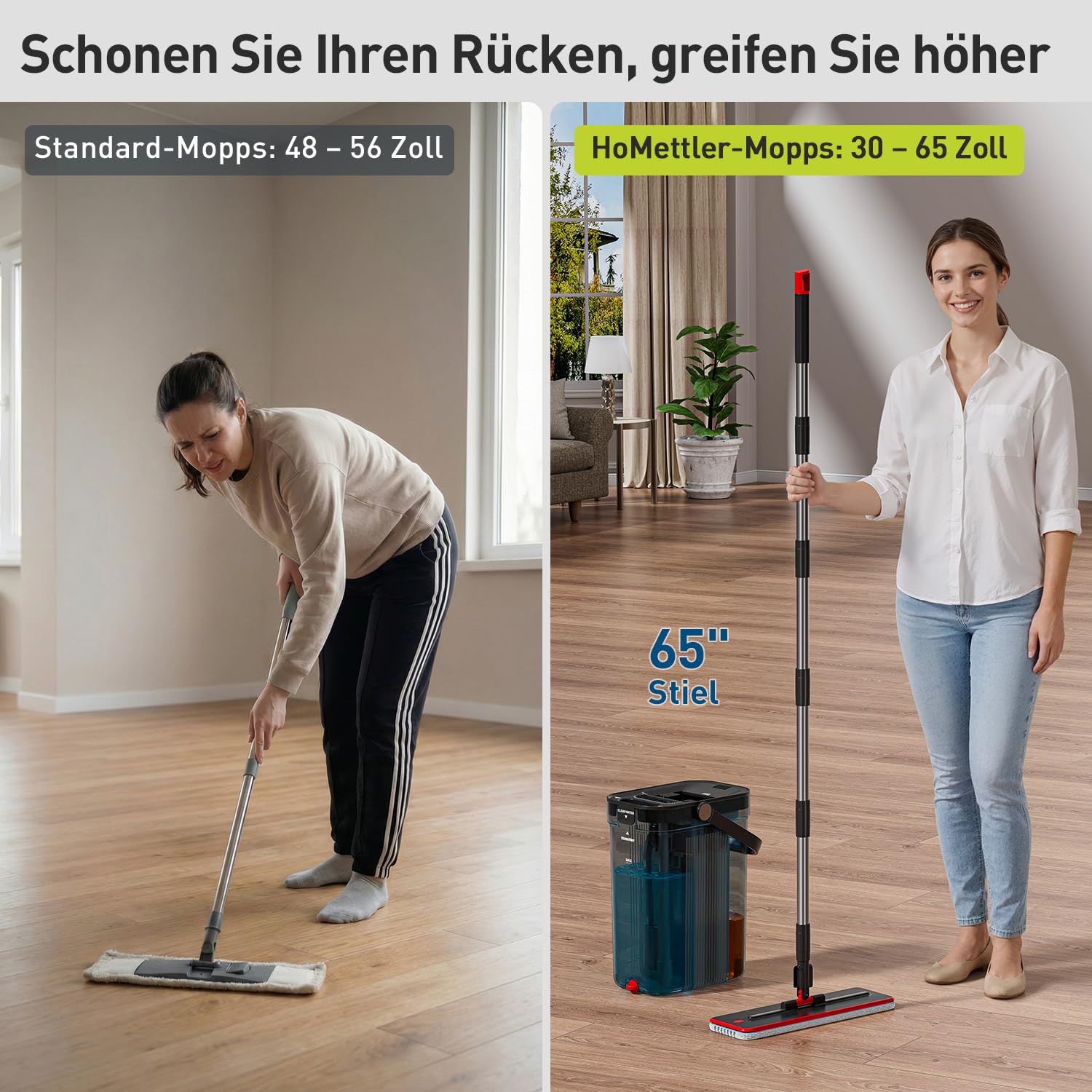 Homettler Transparentes Mopp- und Eimer-Set mit getrennten Behältern für Schmutz- und Sauberes Wasser, 165 cm Langer Flachmopp zur Bodenreinigung, 4 Mikrofaser-Pads für Holz und Fliesen
