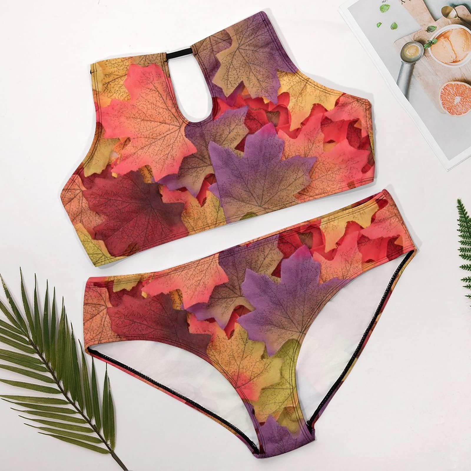 SEPTYK Fall Harvest Autumn Seasonal Leave Pattern Women Sexy Bikini 2 PC Plus Size Swimsuits High Neck Bathing Suit 4XL