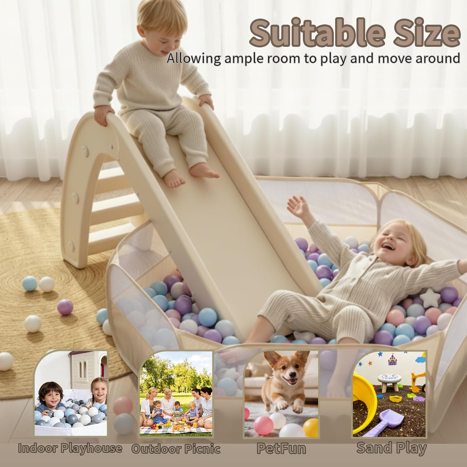 Foldable Ball Pit for Toddlers, Large Pop Up Ball Pits Kids Play Tent Crawl Playpen Ball Pool Playhouse Playpen with Storage Bag, for Boys Girls Dogs Cats Ferrets Indoor Outdoor, Beige
