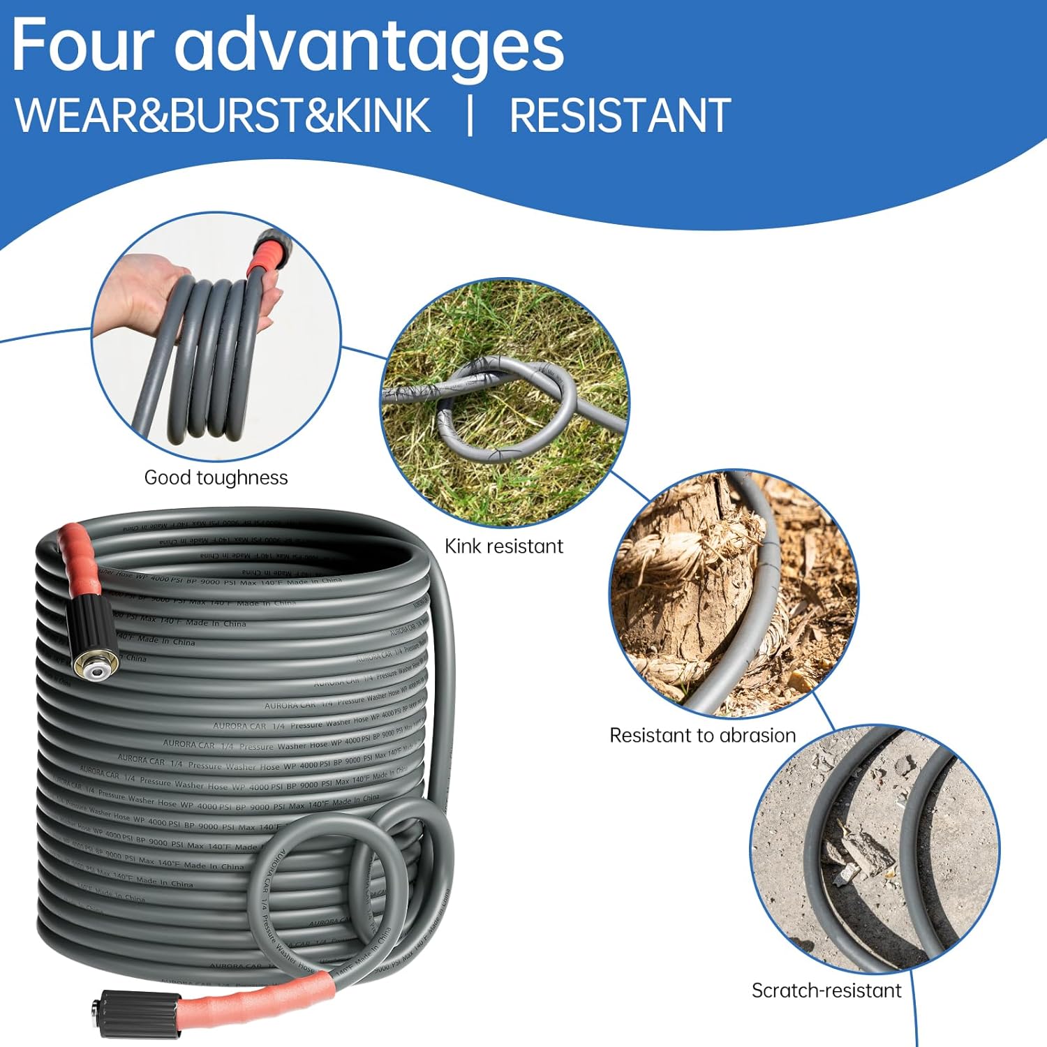 Pressure Washer Hose 100FT 1/4", Kink Resistant Power Washer Hose Compatible with M22 Fittings, Replacement For Most Brand Pressure Washers, 4000 PSI, Grey