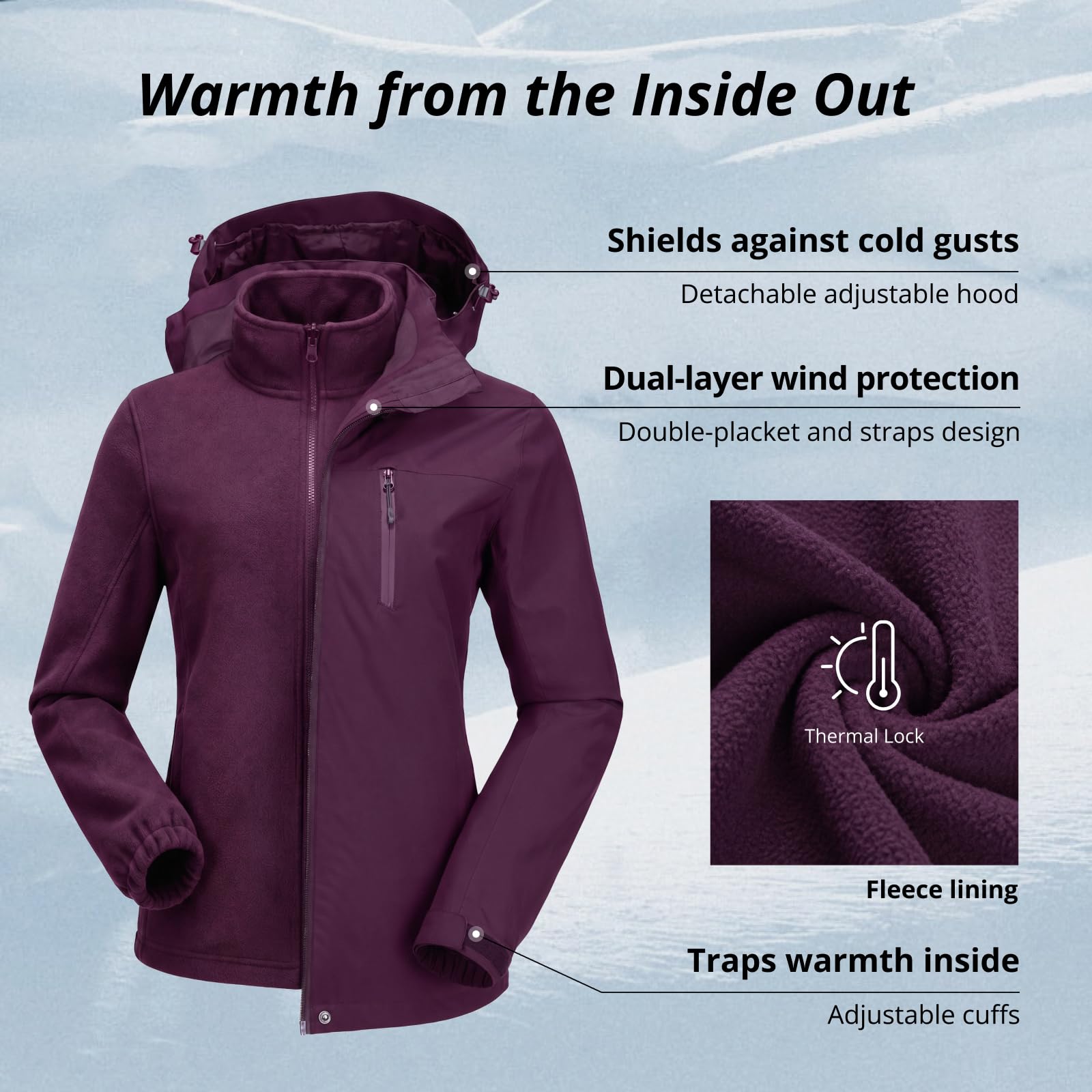 CAMEL CROWN Damen 3 in 1 wasserdichte Skijacke Winddicht Wintermantel Fleece Innen Schnee Snowboardjacke Outdoor