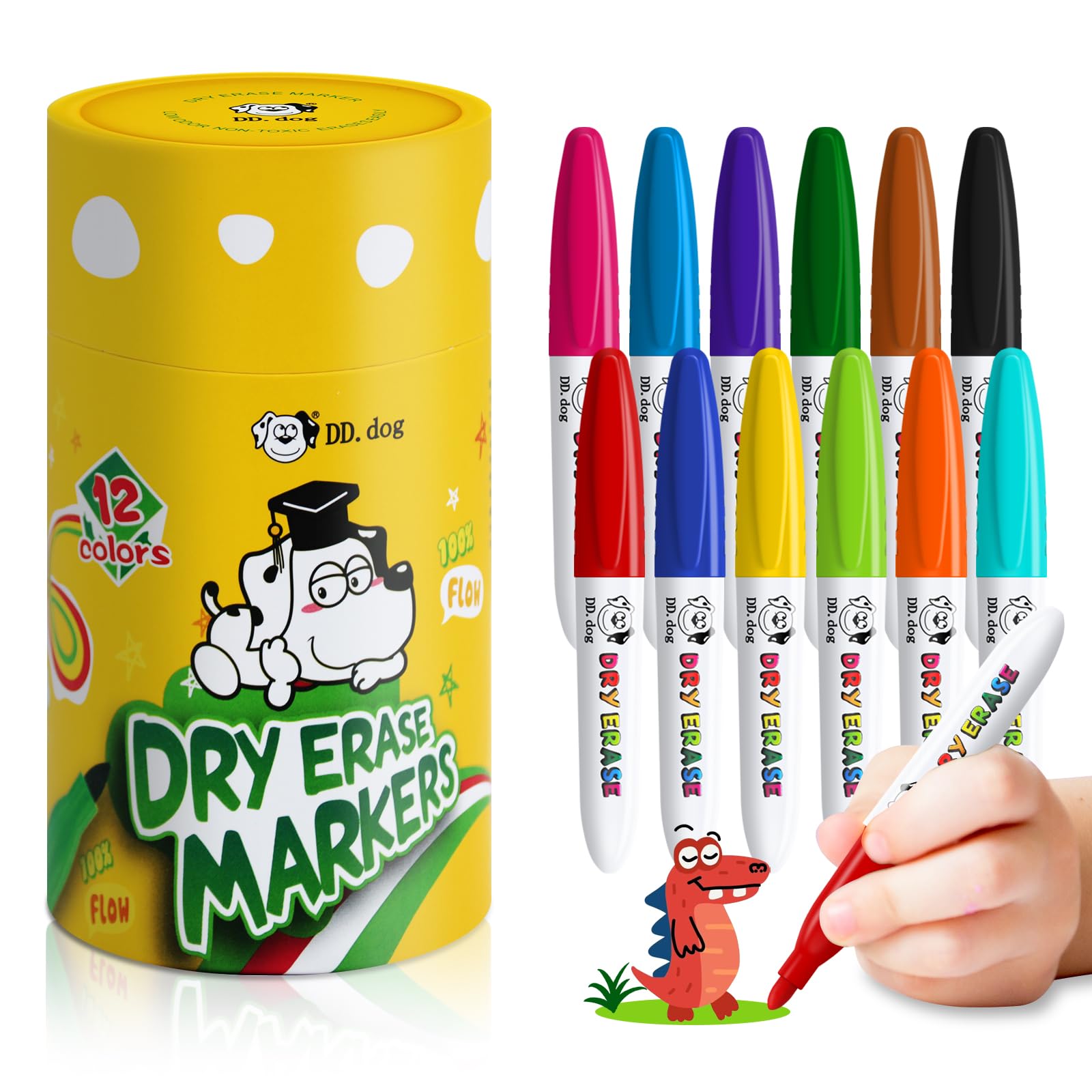 DD.DOG Mini Dry Erase Markers for Kids, Small 12 Colored Non-Toxic Fine Tip White board Markers, Low-Odor Whiteboard Markers Set for Classroom, Home &