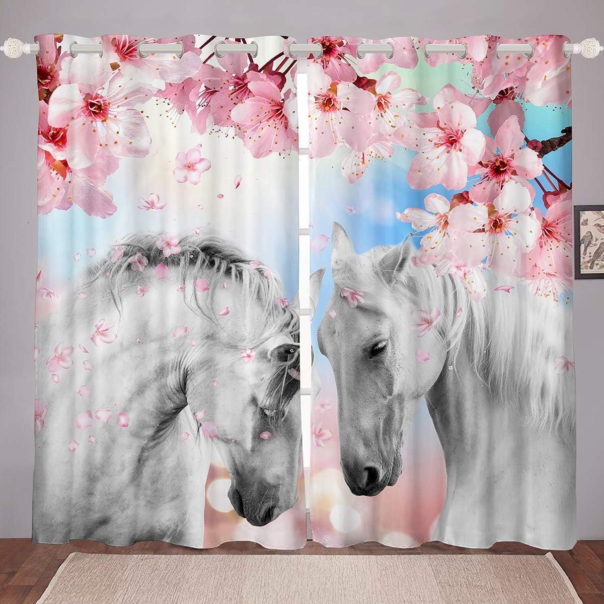 Loussiesd Paire de rideaux de fenêtre pour enfants - Motif cheval galopant - Blanc - Imprimé fleurs de cerisier - 137 x 117 cm - Décoration d'intérieur