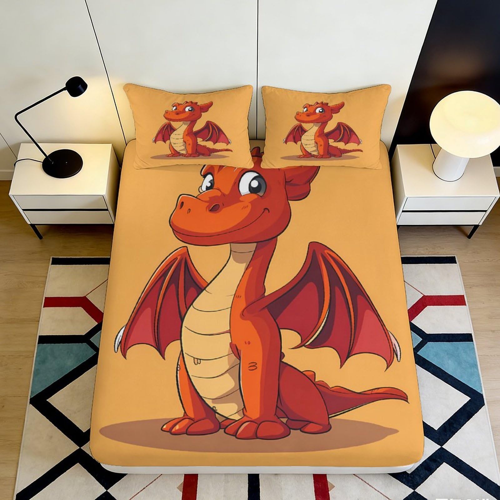 3D Printed Cute Dragon Fitted Sheet Microfiber Soft Breathable Cartoon Dragon Bed Cover for Bedroom Dormitory Guest Room Mattress Protection Decor 180x200x25cm