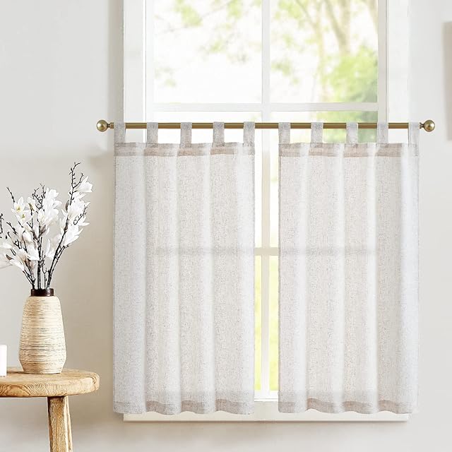 TOPICK Kitchen Curtains 36 Inch Length Linen Textured Bathroom Window Curtains Short Cafe Curtains for Small Window Treatment 2 Panels Crude