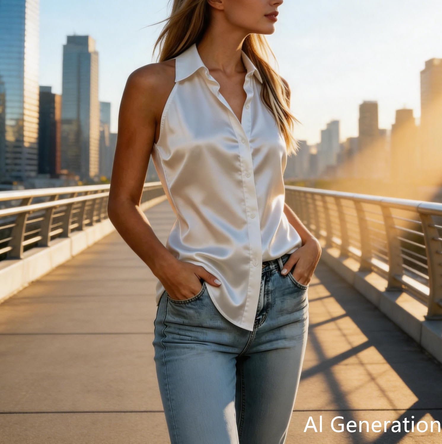 Generico Top da Donna in Raso, Elegante, Comodo, con Scollo a V, Senza Maniche e Chiusura a Bottoni. Perfetto per L'Estate, per Il Lavoro o Il Tempo Libero.