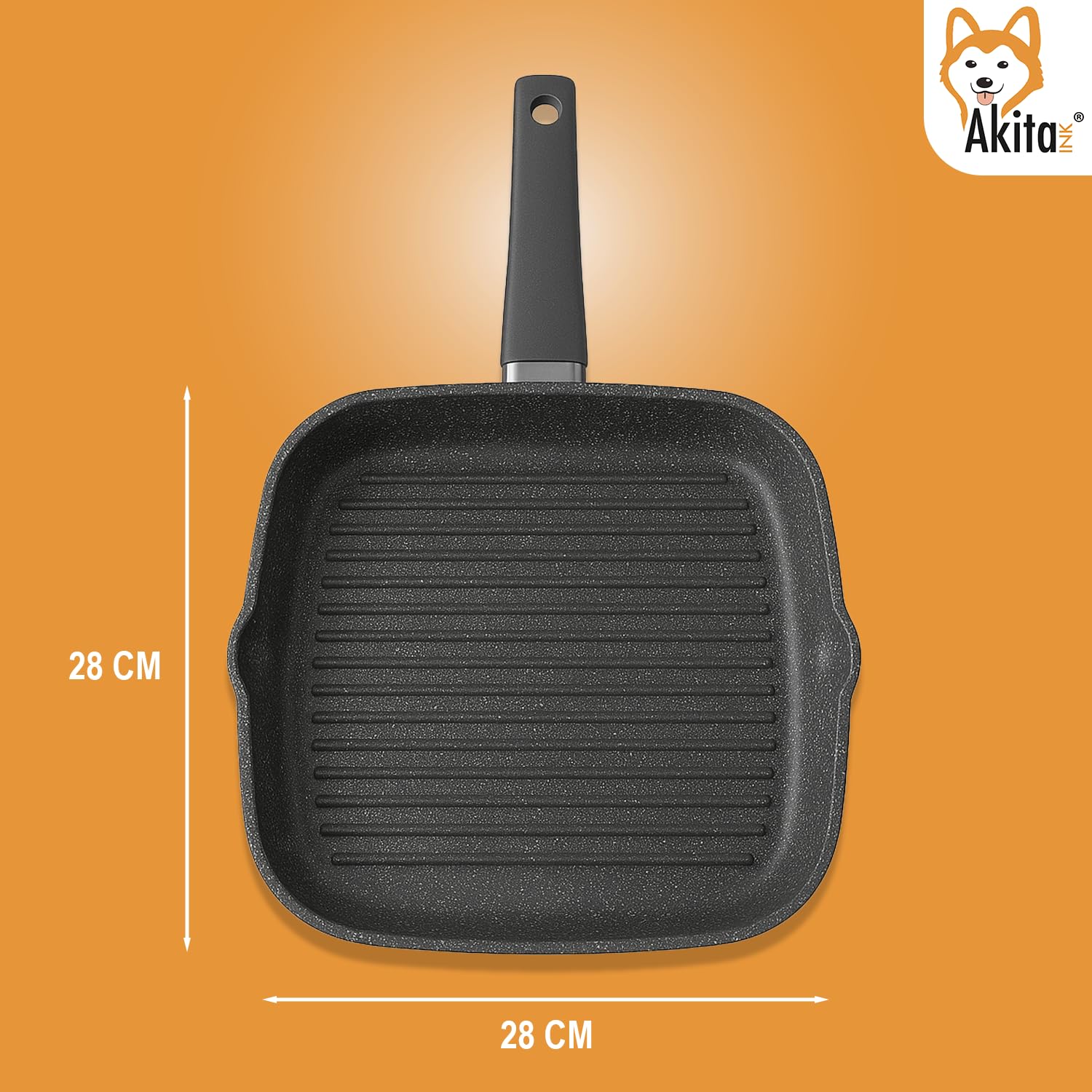 AKITAInk Bistecchiera Energika 28×28 cm Piastra Quadrata in Alluminio Effetto Pietra Antiaderente, Manico Soft Touch, Adatta anche ai Piani a Induzione