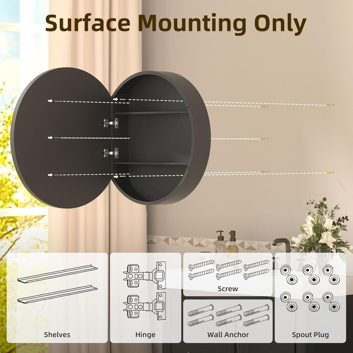 24 x 24 Inch Round Medicine Cabinet Mirror Black,Circular Bathroom Mirror with Storage Wall Mounted,Metal Framed Medicine Cabinets with Tempered Glass Adjustable Shelves for Bathroom Vanity