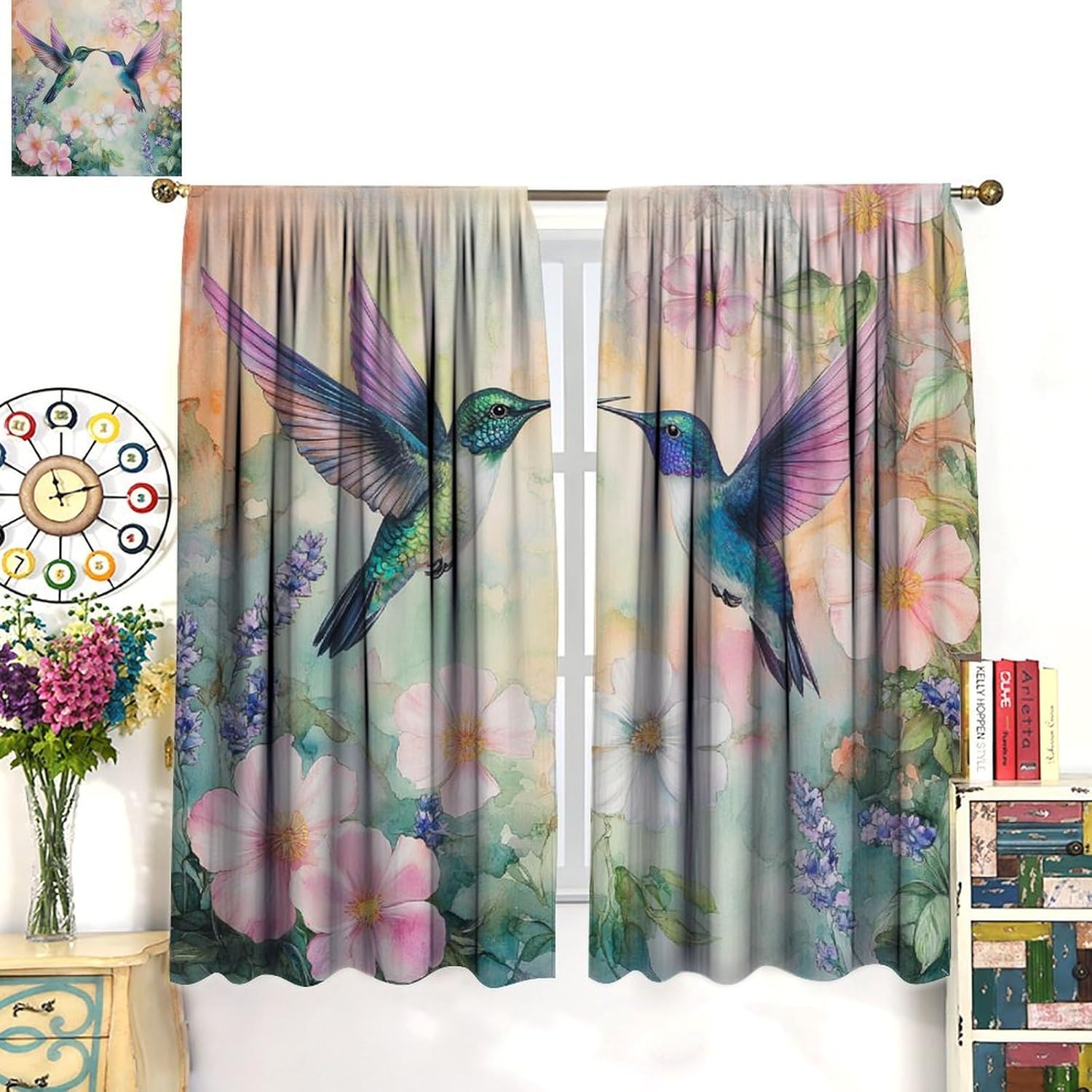Watercolor Hummingbird Flower Blackout Curtains for Bedroom/Living Room, Vintage Botanical Illustration Curtains Rod Pocket Thermal Insulated Window Drapes, 21W x 45L, 2 Panels