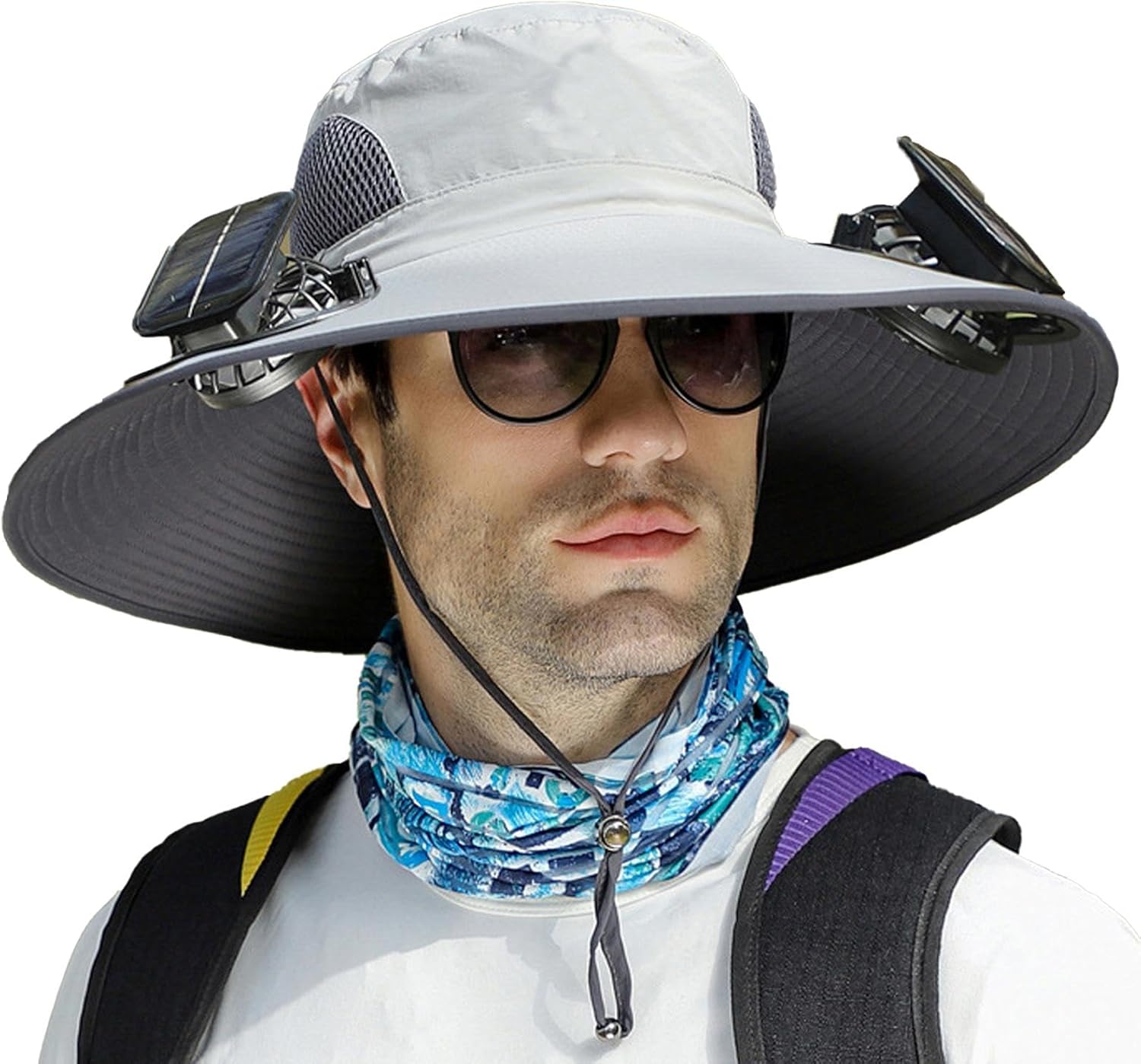 広いつばファンハット、ファン付きワイドブリムサンハット、傘付き釣りキャップ - ソーラーファン付きアウトドアフィッシングハット、ソー