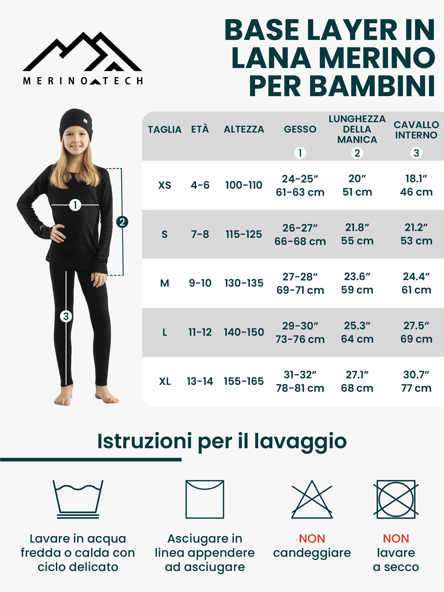 Merino.tech Intimo Termico Lana Merino Bambino - Medio Completo Maglia Termica Lana Merino e Pantaloni Bambina e Ragazzo