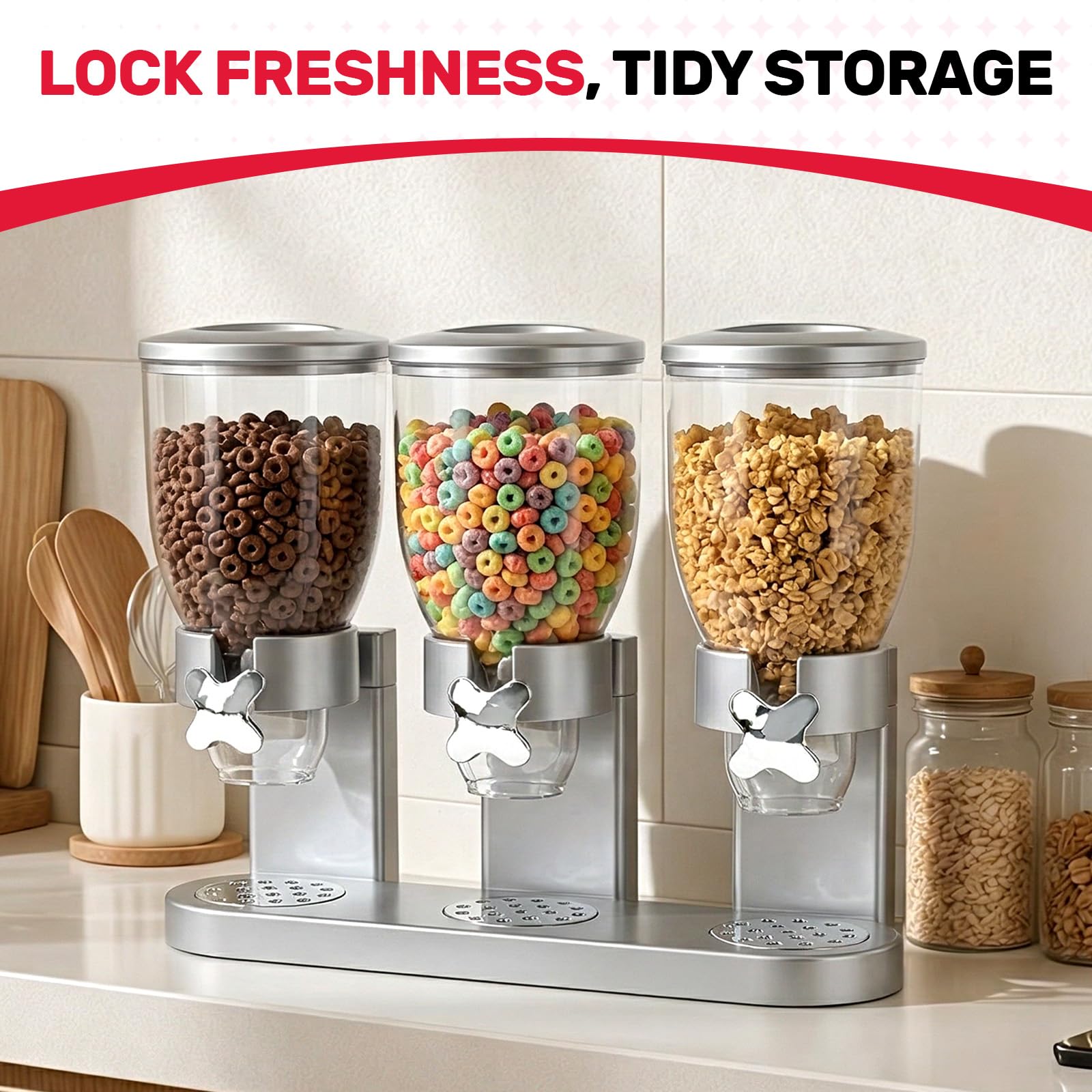 Sinceroduct Cereal Dispenser Countertop 2 l, set di 3 distributori per il piano di lavoro, dispenser ermetico per cereali, riso, grani, caramelle, chicchi di caffè