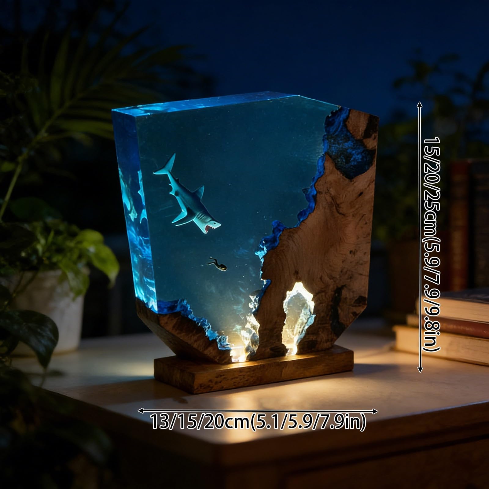 Lampada Resina Epossidica, Luce Notturna con Design Oceano 3D | Lampada LED artigianale in resina e legno per scrivania, comodino, camera e arredamento casa(15*13cm/5.9*5.1in)
