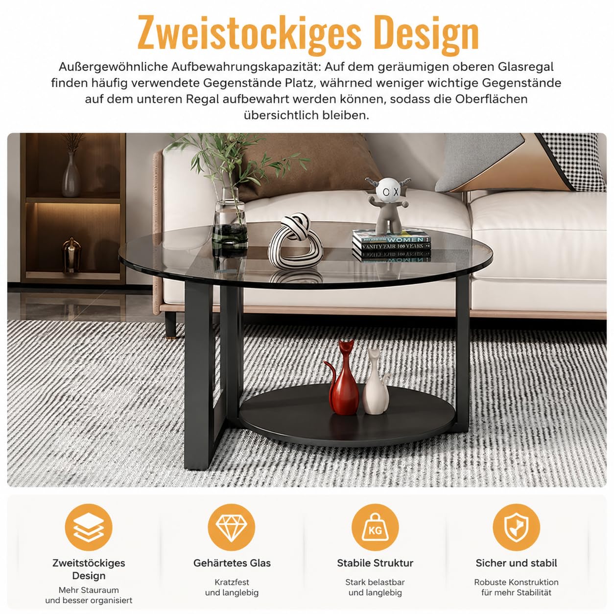 Couchtisch rund Ø60 x H45 cm-Beistelltisch mit Ablage - 2 Ebenen