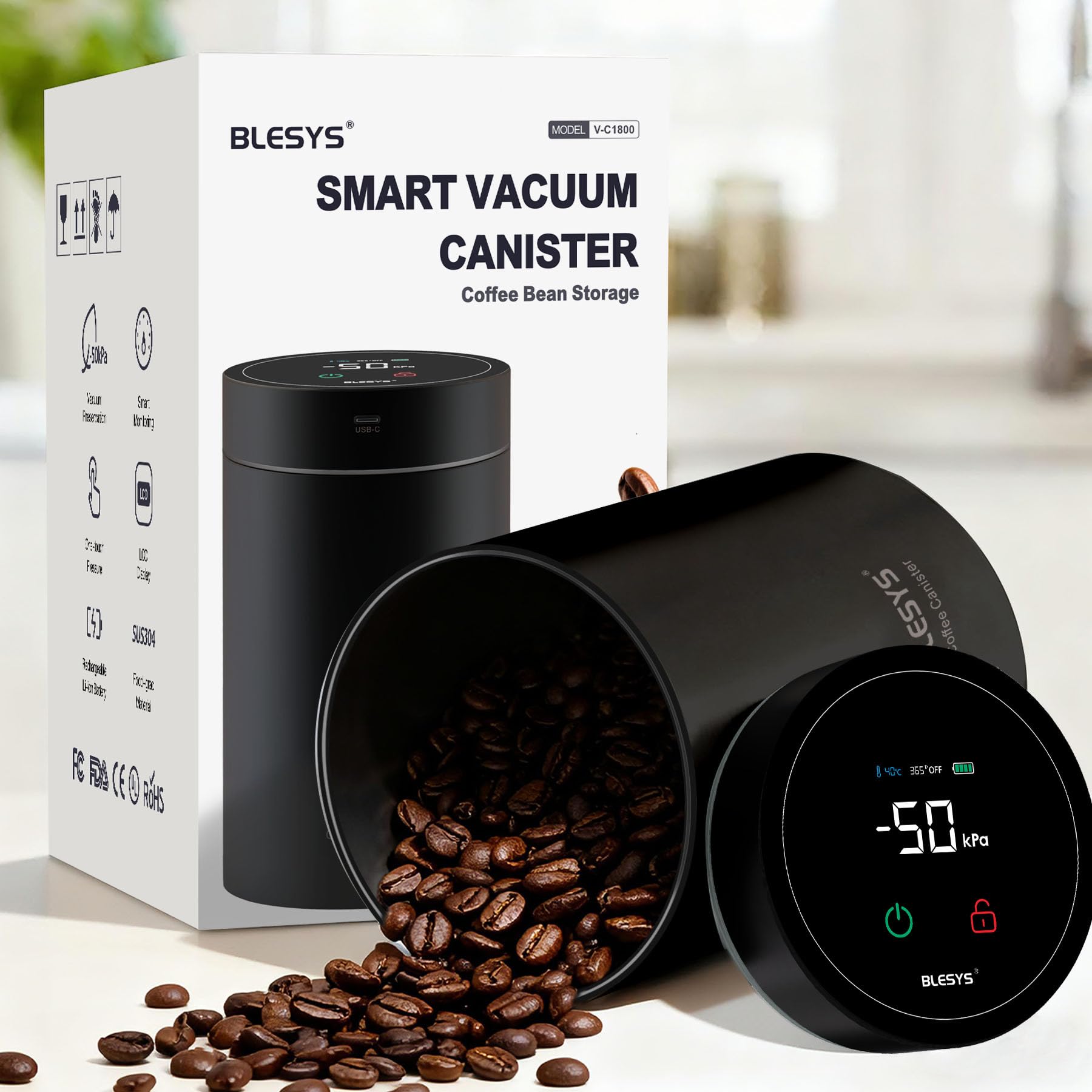BLESYS Intelligente Vakuum Kaffeebohnenbehälter, automatischer Lebensmittelbehälter aus Edelstahl, LCD Überwachung, Frische auf Knopfdruck, Datumsanzeige, fasst 20 Unzen Kaffeebohnen(Schwarz 1,8l)