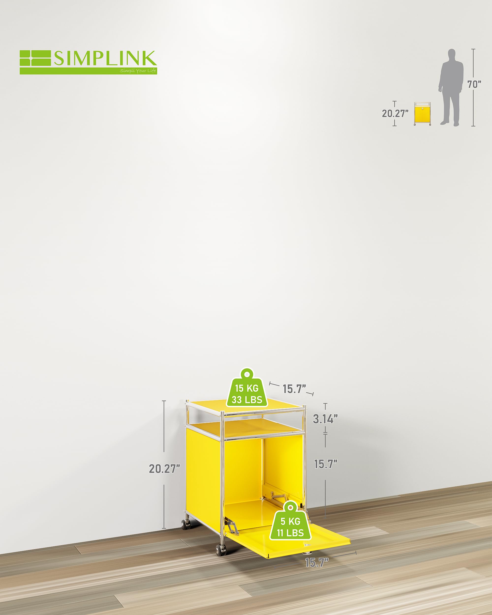 Chariot de Rangement Mat avec Porte à Rabat, Grande capacité, roulettes Amovibles, mobilier Moderne à Monter soi-même, idéal pour la Maison, Le Bureau, la Chambre, la Cuisine (Jaune Mat)