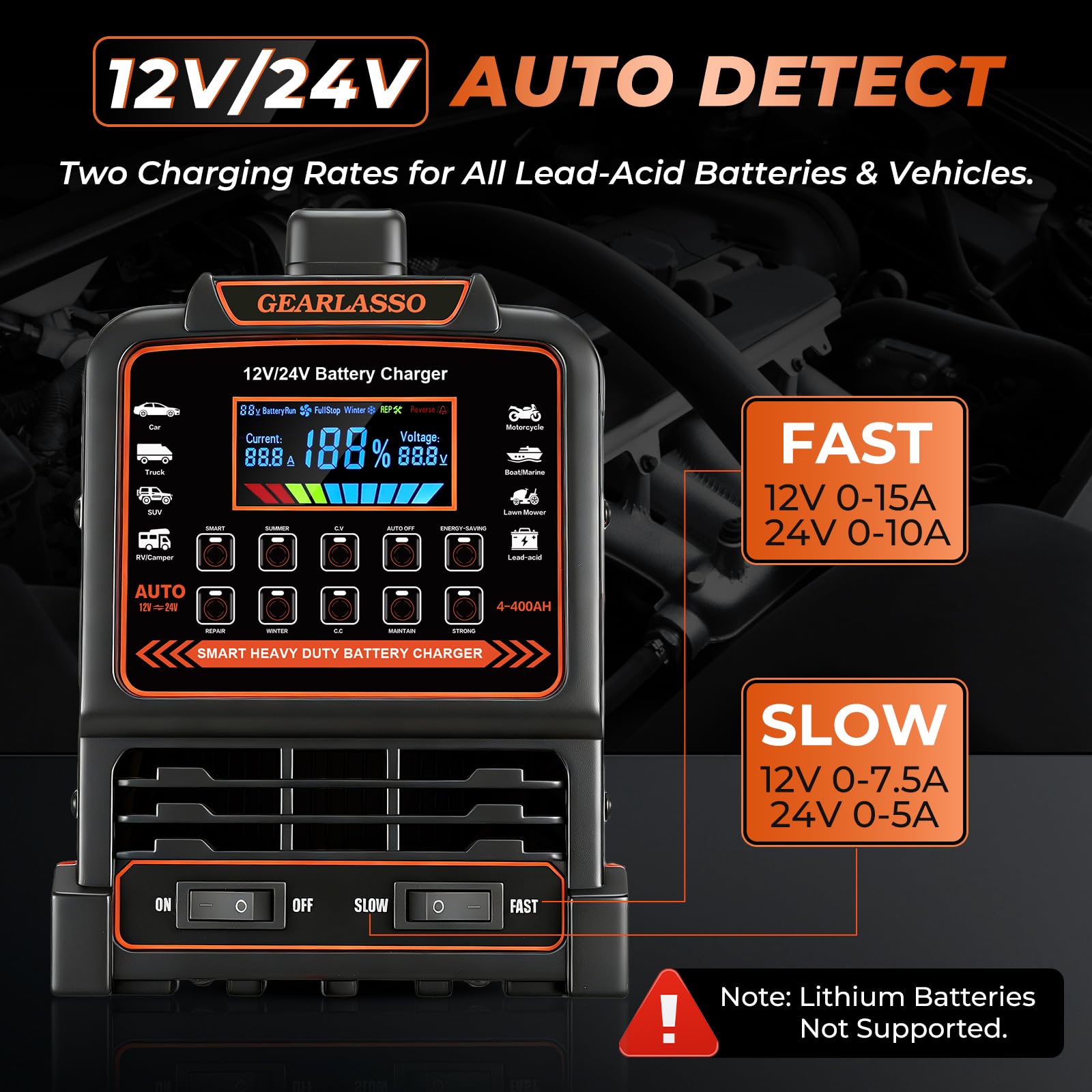 Chargeur de batterie de voiture 12 V 24 V très résistant, mainteneur de batterie automatique 0-15 A avec 10 modes, y compris les arrêts automatiques, la réparation, l'hiver, chargeur