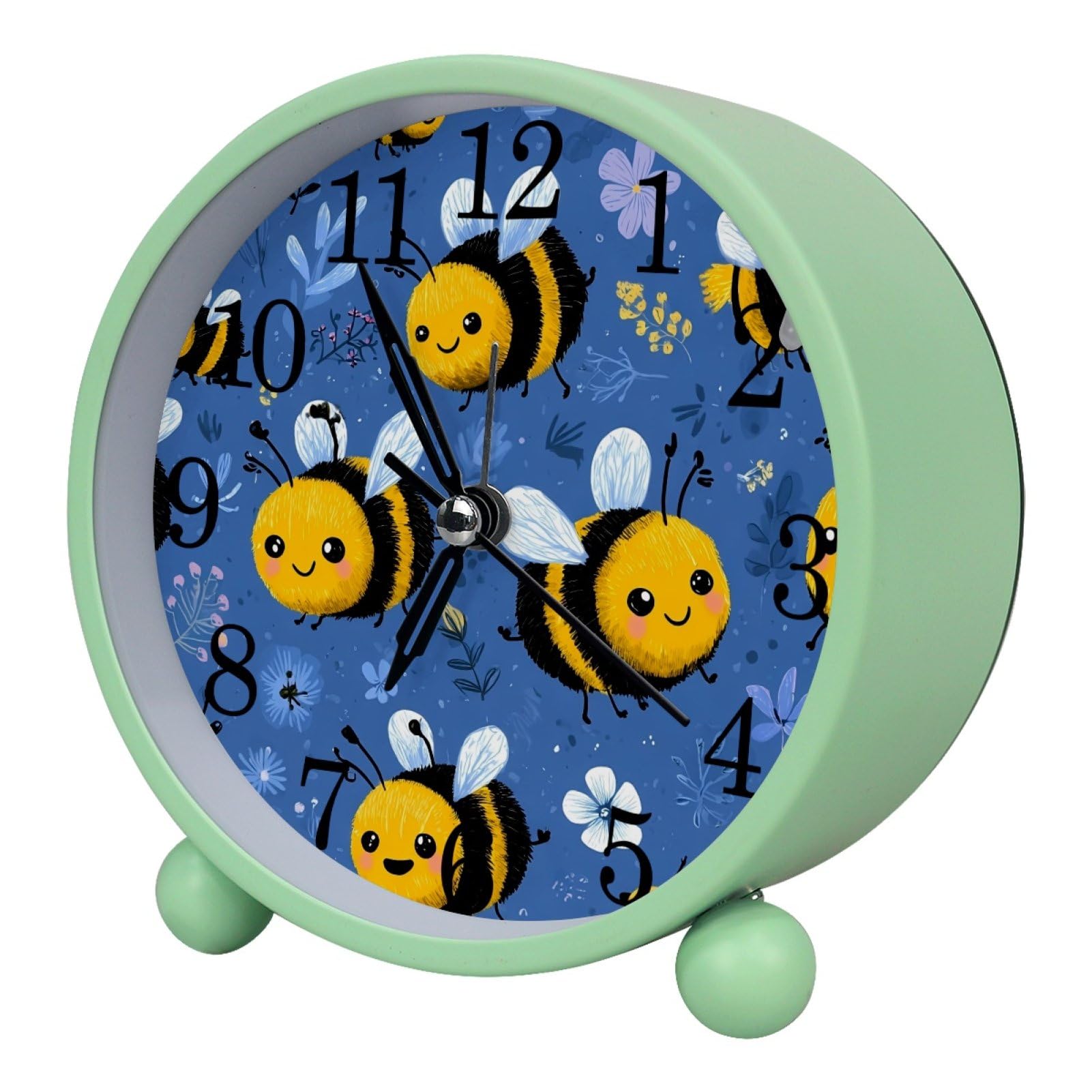etoenbrc Cute Bees Round Battery Operated Bedside Alarm Clock Non-Ticking Desktop Silent Analog Alarm Clock with Light