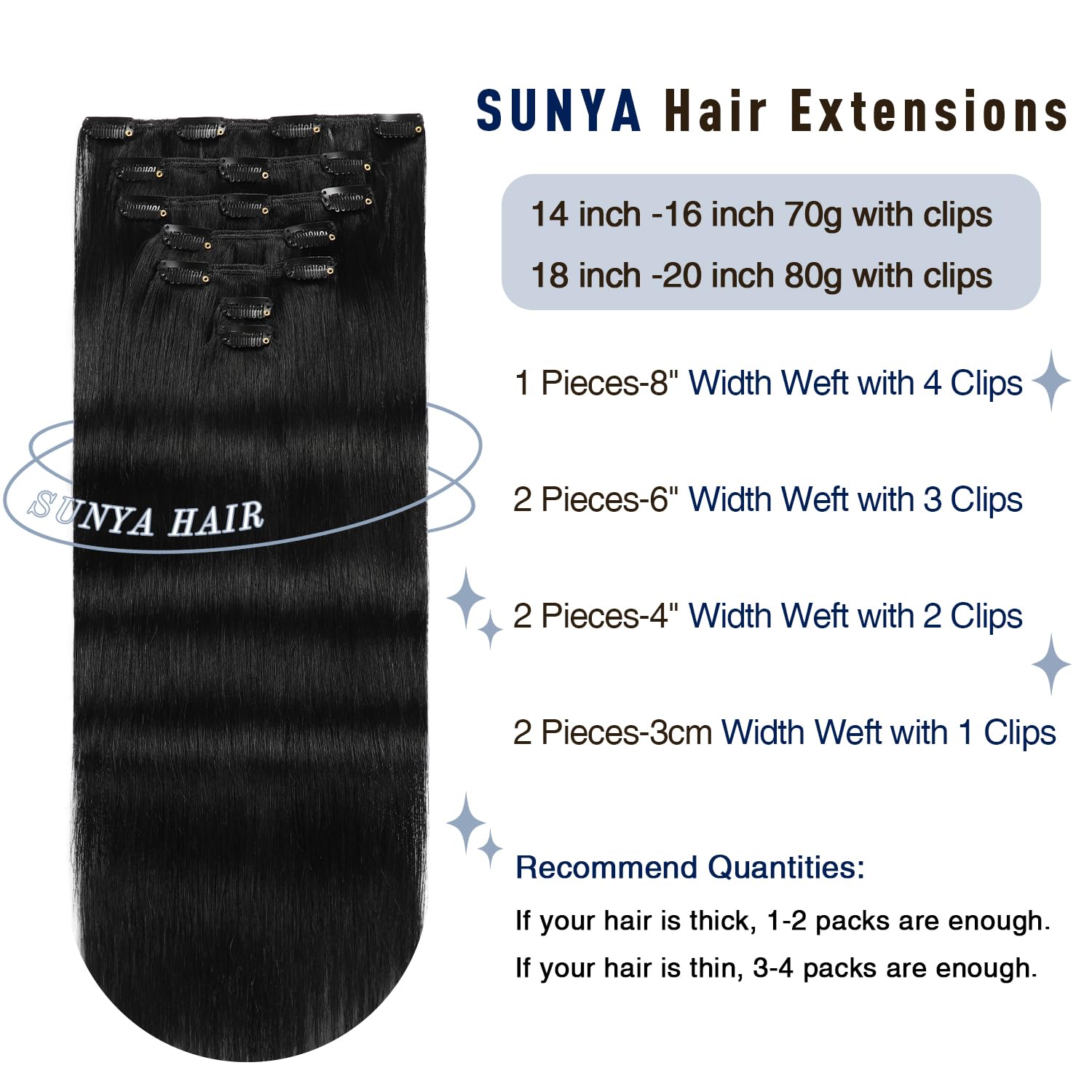 Sunya Real Human Hair Clip in Hair Extensions, 14 Inch Seamless Clip ins, Jet Black, 7 Pieces with 16 Clips - Image 4