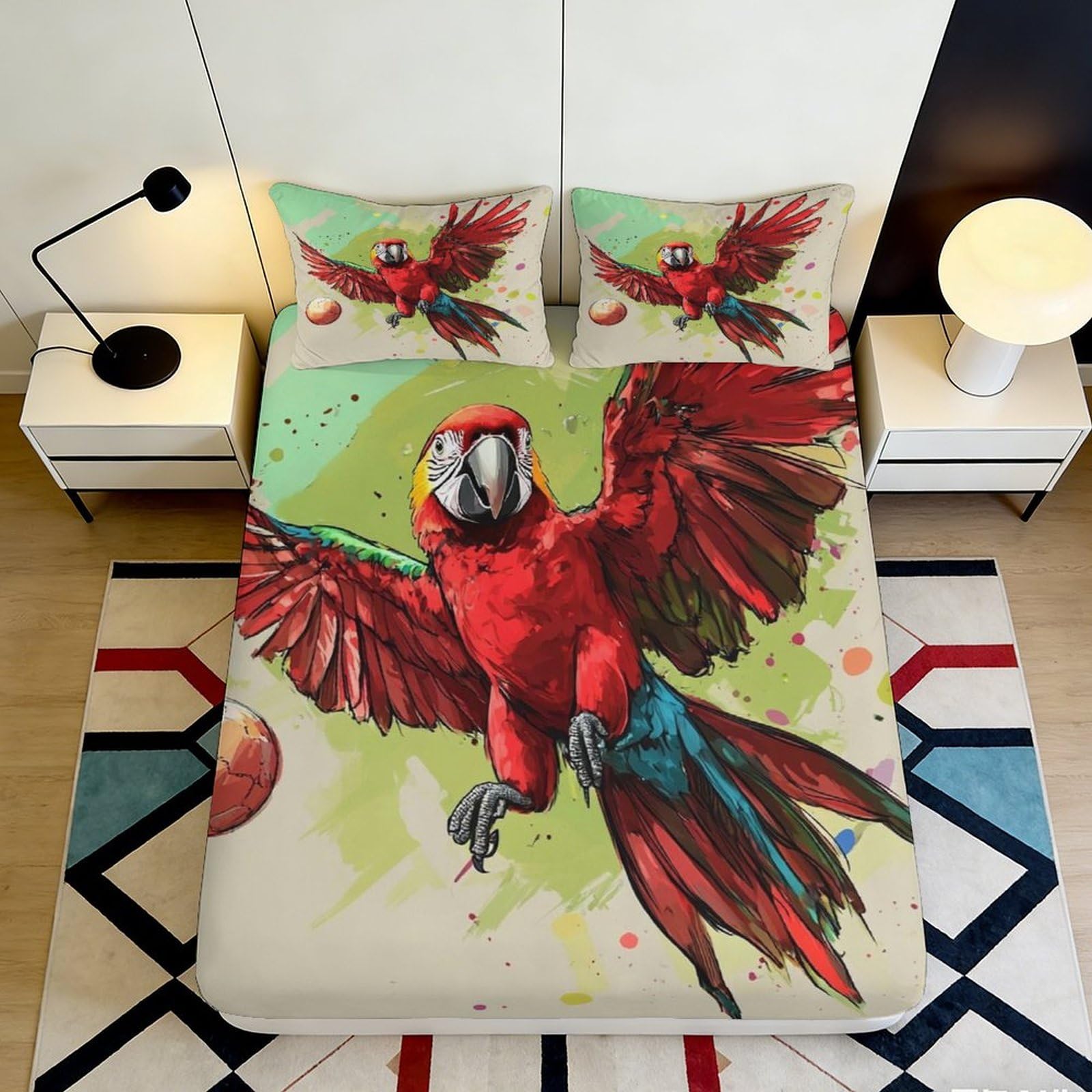 Kzqnxhjprl Style-4 3D Printed Red Macaw Fitted Sheet Microfiber Soft Breathable Parrot Art Bed Cover For Bedroom Dorm Mattress Protection Decor 90X200x25cm