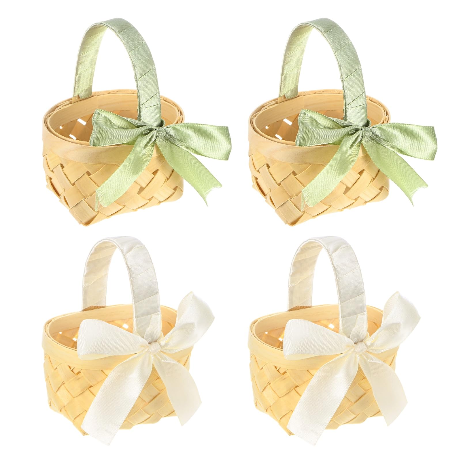 M METERXITY 4-Pack Mini Woven Baskets, Bamboo Farmhouse Miniature Flower Picnic Basket with Ribbon Handles for Crafts, Wedding, Easter, Photography Props, Party Decoration [Green,White]