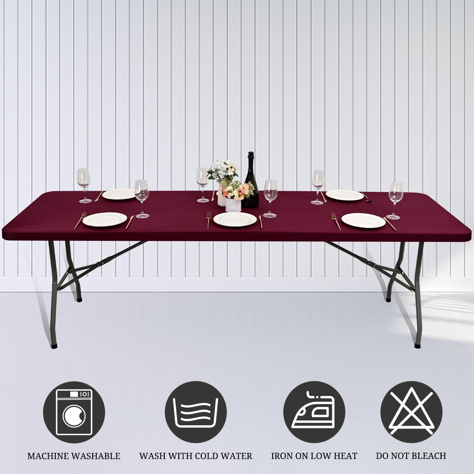 Paquete de 6 manteles de tela elástica para mesas de 8 pies, manteles de elastano lavables y elásticos rectangulares para interiores y exteriores, fiestas, pícnic, bodas, color rojo vino, 76 cm de