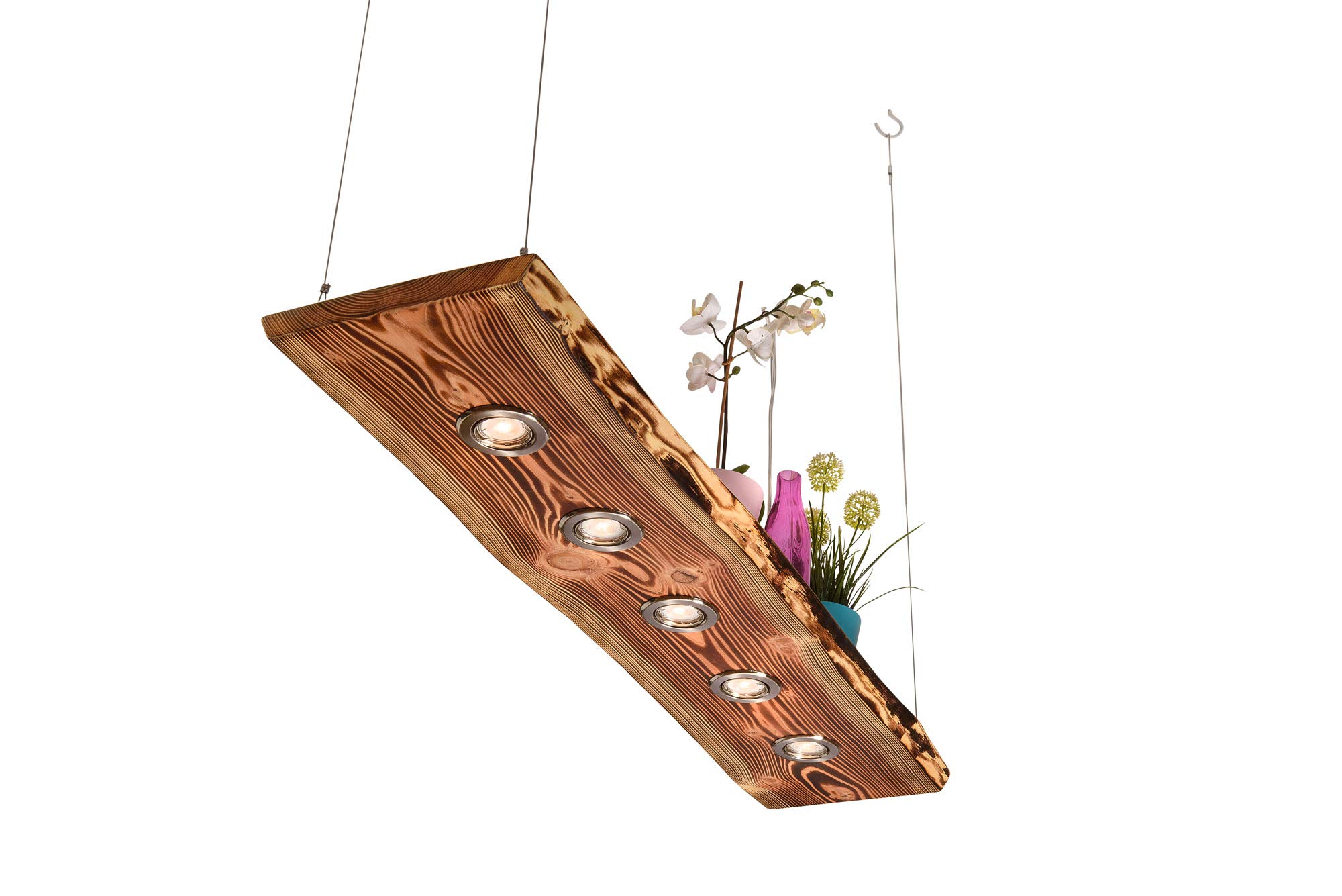 Deckenlampe Holz geflammt für die Küche - Wohnzimmer vintage Hängelampe – Esszimmer Pendelleuchte – Deckenleuchte mit LED Beleuchtung (100cm 4 LEDs, 5w Dimmbar per Lichtschalter)