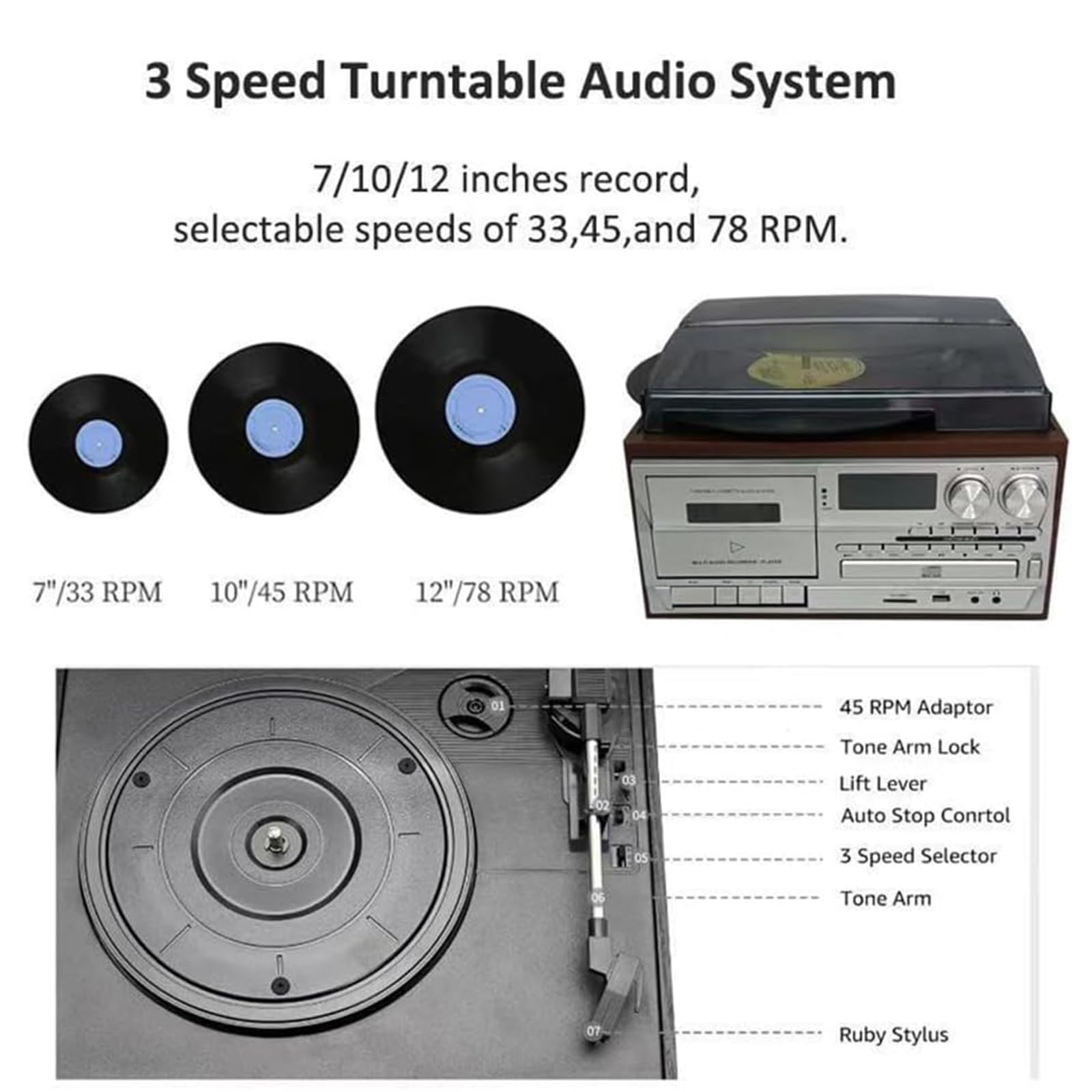Giradischi retrò, Lettore CD 10 in 1 con Bluetooth E Lettore di Cassette, Giradischi A 3 velocità E Lettore di Cassette, con Telecomando E Altoparlanti Integrati, per Intrattenimento, Ufficio