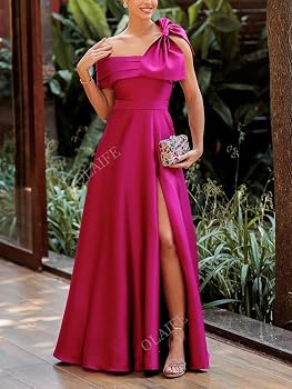 OLAIFE Satin Off the Shoulder Pleated Formal Dresses for Women Empire Waist A-line Floor Length Evening Party Dress with Slit Backless Sleeveless Prom Dress Black-0 : Clothing, Shoes & Jewelry