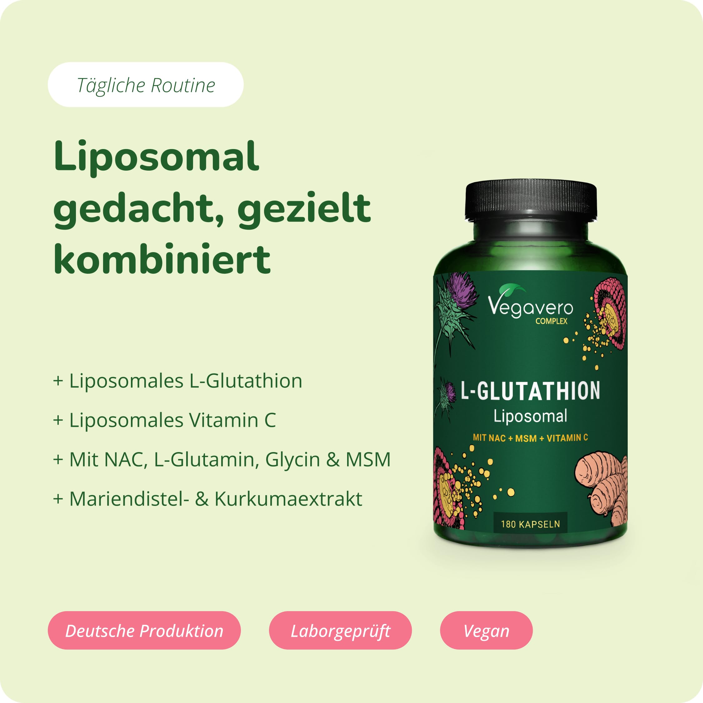 Vegavero L-Glutathion Complex 180 Kapseln - liposomales reduziertes L-Glutathion mit NAC, Glycin, L-Glutamin & liposomalem Vitamin C - mit Mariendistel, Curcuma, Selen – Vegan & Laborgeprüft