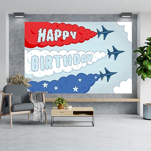 Miniatura 3 de Cartel de feliz cumpleaños de avión, telón de fondo de tiempo vuela cielo, nube arriba y lejos, decoración temática para aviador, niños, niñas,