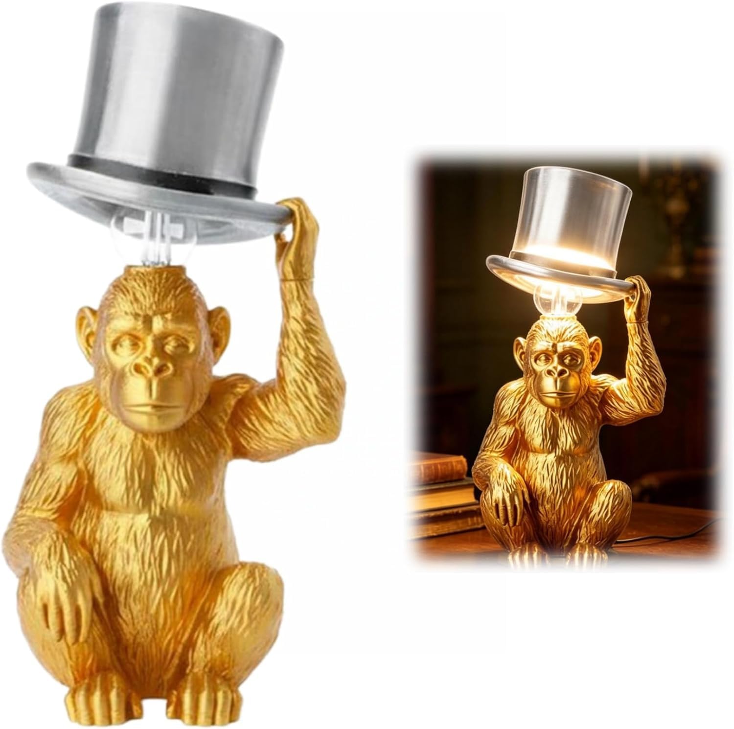 Monkey Table Lamp with Top Hat, Sculptural Animal Desk Lamp, Funny Novelty Monkey Light, Warm Ambient Glow, Night Light for Living Room Bedroom (1, Gold)