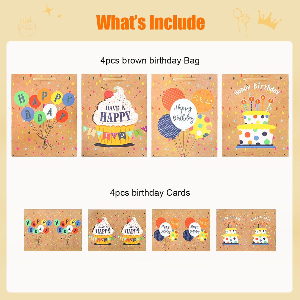 Dimetey 4pcs 13'' Happy Gift Bags in 4 Designs, Includes Greeting Cards, Large Paper Bags with Handles, Ideal for Kids, Adults Birthdays
